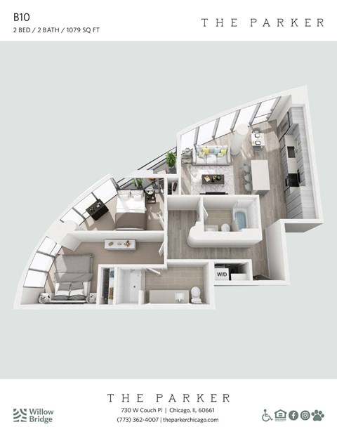 Floor plan for 2 beds, 2 baths, 1013 sqft